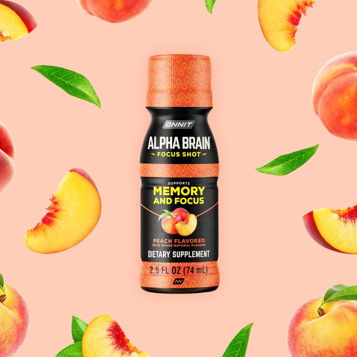 ONNIT Alpha Brain Focus Shot, Peach Flavor, Nootropic Dietary Supplement Drink That Supports Energy, Focus, and Mood, IGEN™ Non-GMO Tested, 2.5 fl oz, 6 Count - Maple Wellness Supplements