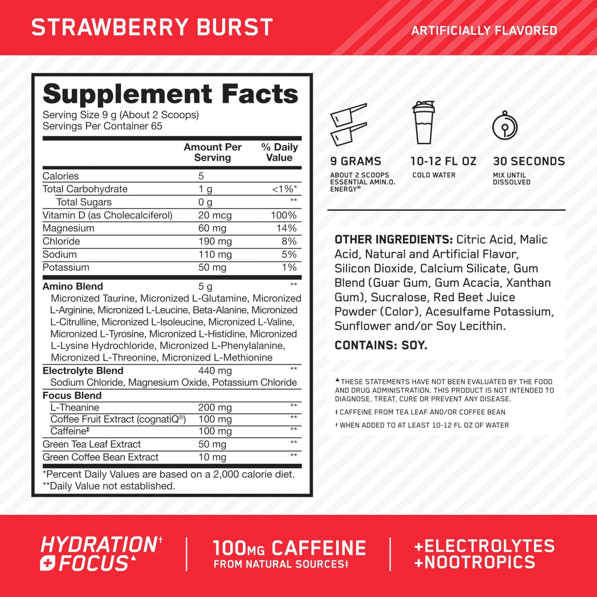 Optimum Nutrition Amino Energy Powder Plus Focus, with BCAA, Electrolytes, and Caffeine, Strawberry Burst, 65 Servings - Maple Wellness Supplements