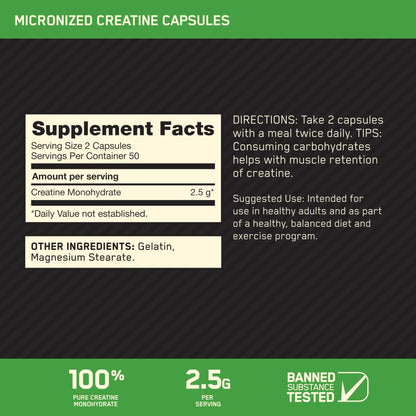 Optimum Nutrition Micronized Creatine Monohydrate Capsules, Keto Friendly, 2500mg, 100 Capsules - Maple Wellness Supplements