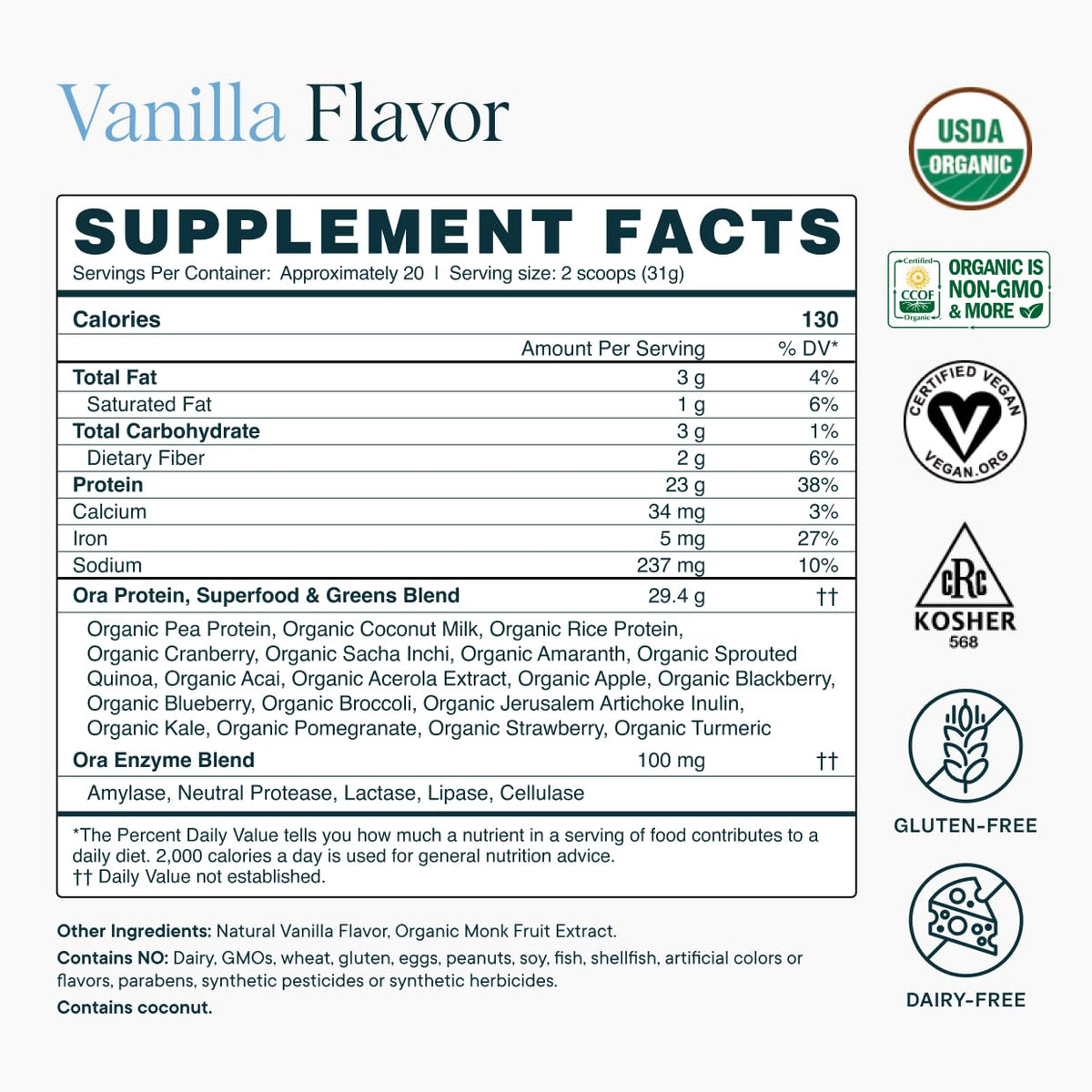 Ora Organic Plant-Based Protein Powder - 23g Protein for Women and Men - Vanilla Flavor 20 Servings, Vegan, Clean Protein - Maple Wellness Supplements