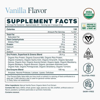 Ora Organic Plant-Based Protein Powder - 23g Protein for Women and Men - Vanilla Flavor 20 Servings, Vegan, Clean Protein, Third-Party Tested, Gluten-Free - 20 Servings - Maple Wellness Supplements