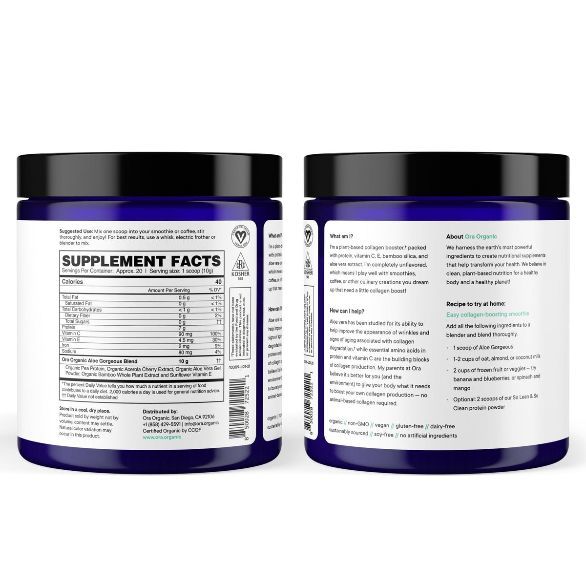 Ora Organic Vegan Collagen-Boosting Powder for Women and Men - Hair, Skin, & Nails Support - Bamboo Silica, Plant-Based Protein, Organic Vitamin C, Aloe Vera - Vanilla Flavor, 20 Servings - Maple Wellness Supplements