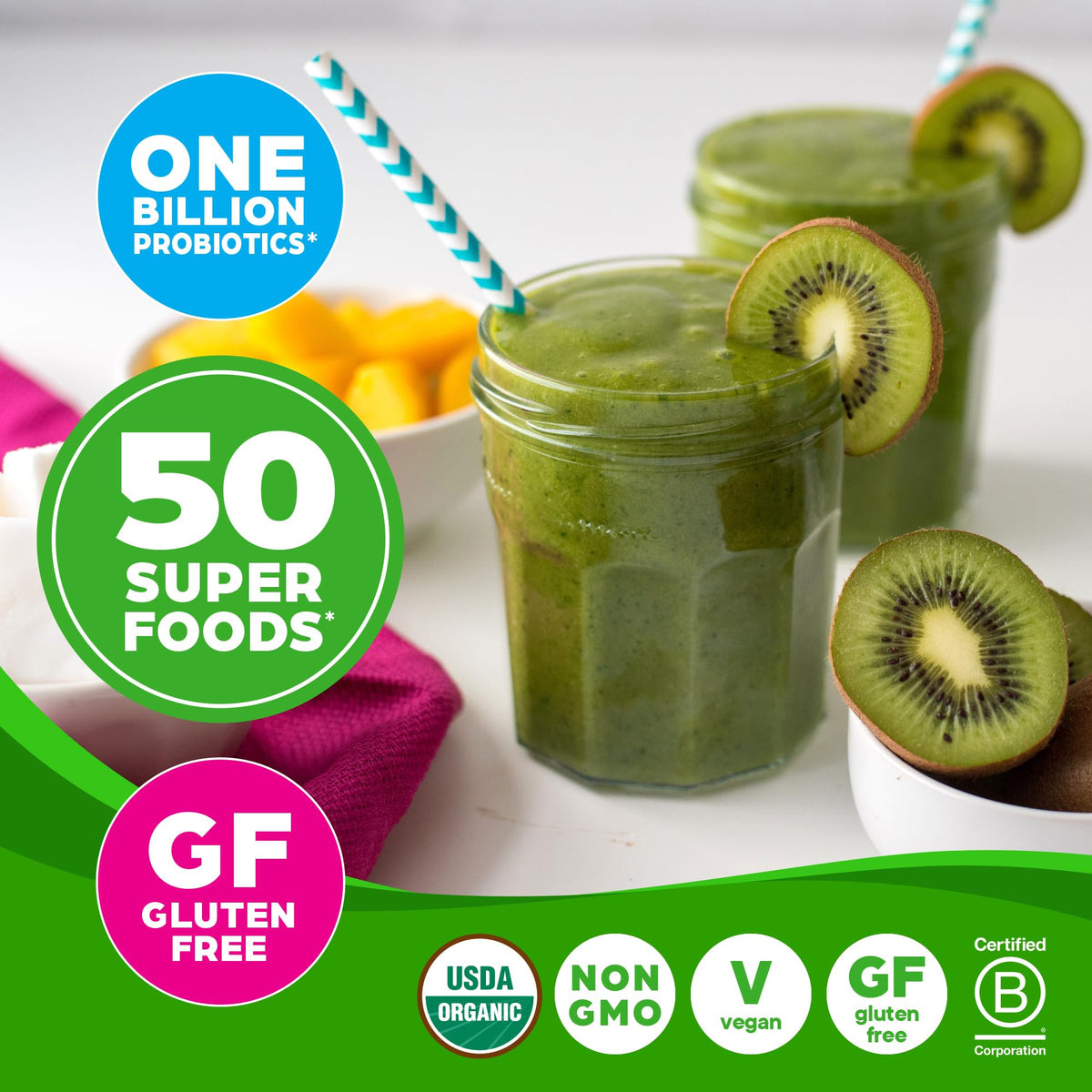 Orgain Organic Greens Powder + 50 Superfoods, Original - 1 Billion Probiotics for Digestive Health, Antioxidants, Vegan, Plant-Based, Gluten-Free, Non-GMO - Maple Wellness Supplements