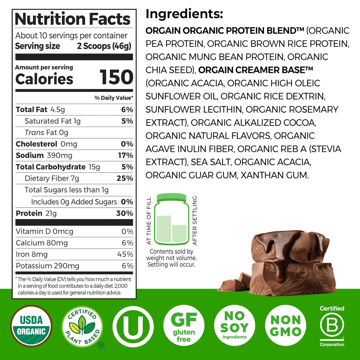 Orgain Organic Vegan Protein Powder, Creamy Chocolate Fudge - 21g Plant Protein, 7g Prebiotic Fiber, Low Net Carb, No Lactose Ingredients, No Added Sugar - Maple Wellness Supplements
