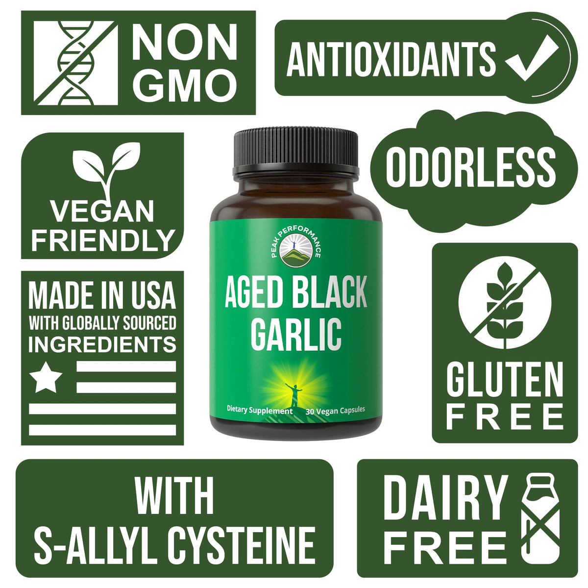 Peak Performance Aged Black Garlic Capsules. Raw Vegan Pure Odorless Extract Supplement Pills for Cholesterol, and Immune Support. from Garlic Bulb with S-Allyl Cysteine and Antioxidants - Maple Wellness Supplements