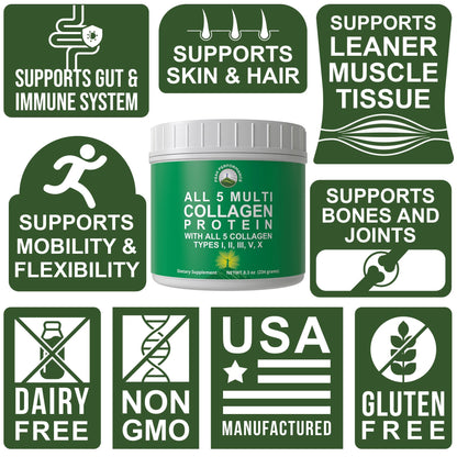 Peak Performance All 5 Multi-Collagen Protein Powder Peptides Multi-Collagen Contains All Types I, II, III,V, X. Keto, Paleo Friendly with Hydrolyzed Bovine, Marine, Chicken, Bone Broth Collagens - Maple Wellness Supplements