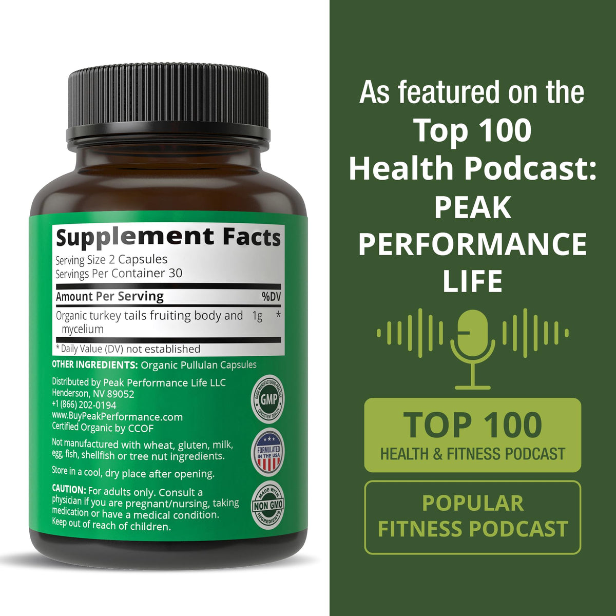 Peak Performance Organic Turkey Tail Capsules - USA Grown Made with Real Turkey Tail Mushroom. Immune System Support Naturally Harvested Mushroom Supplements for Immunity. Vegan Supplement Extract - Maple Wellness Supplements