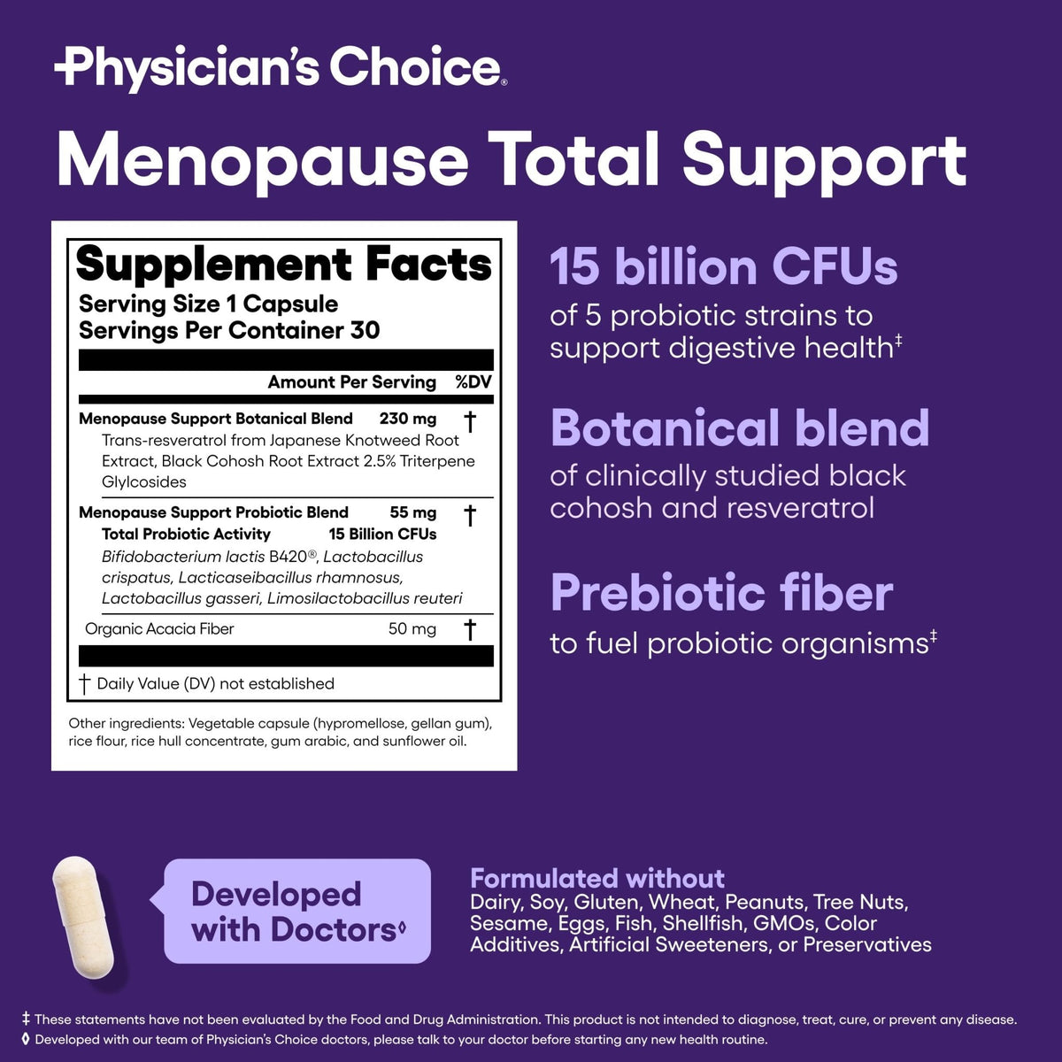 Physician's CHOICE Menopause Probiotic Supplement for Women - Supports Hormone Balance, Hot Flashes, Night Sweats, Weight Management, Bloating & Gut Health - with Black Cohosh, Resveratrol+ - 30ct - Maple Wellness Supplements