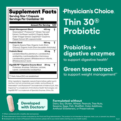 Physician's CHOICE Probiotics for Weight Management & Bloating - 6 Probiotic Strains - Prebiotics - Key ingredient Cayenne - Supports Gut Health - Weight Management for Women & Men - Green Tea - 30 CT - Maple Wellness Supplements