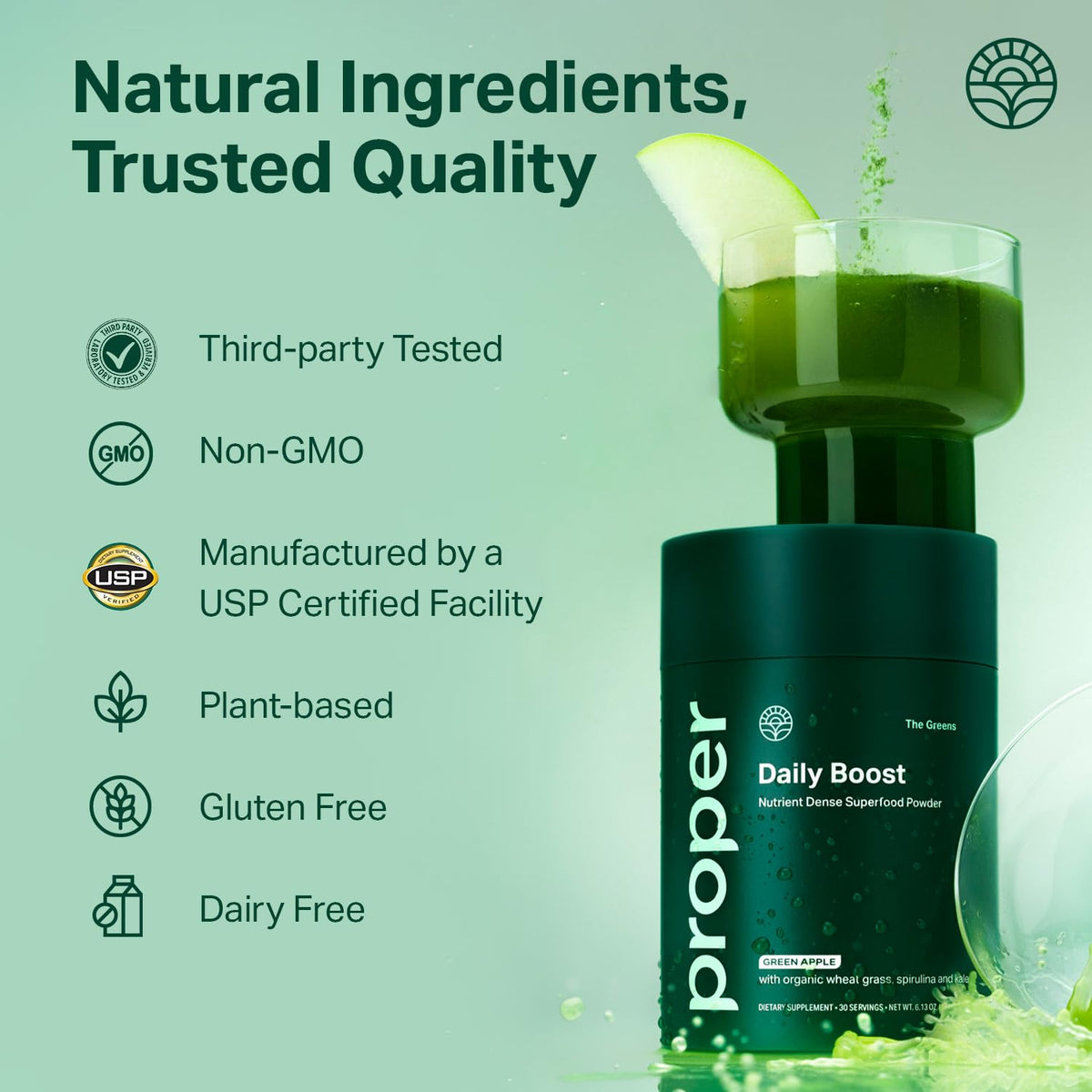 Proper, The Greens Daily Boost Organic Greens Powder. Whole Food, Apple Flavour Veggie Powder Superfood with Wheatgrass, Spirulina, Chlorella, Probiotics. - Maple Wellness Supplements