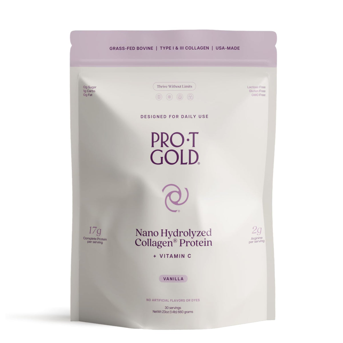 ProT Gold Collagen Protein Powder, 17g Protein Nano-Hydrolyzed Grass Fed Collagen, Vitamin C, 2g Arginine for Wound Support, Gluten Free, All Natural, Fat and Sugar Free, 0g Carbs, Vanilla, 23 oz, 30 - Maple Wellness Supplements