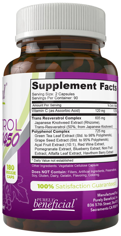 PURELY beneficial RESVERATROL1450-90day Supply, 1450mg per Serving of Potent Antioxidants & Trans-Resveratrol, Promotes Anti-Aging - Maple Wellness Supplements