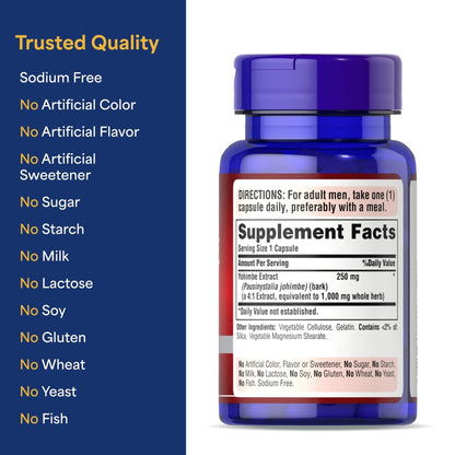 Buy ​Puritan's Pride Yohimbe Exotic Herb for Men 250 mg (1000mg Equivalent), Dietary Supplement, 50 Rapid Release Capsules - Vitaza UK Supplements UK