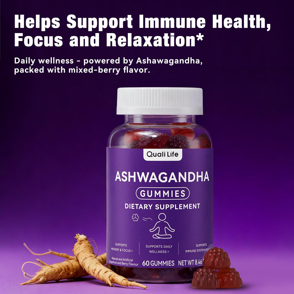 QualiLife Ashwagandha Gummies for Relax & Cortisol Support – High Strength Root Extract with Cranberry & Chaste Tree, Grapefruit & Berry Flavour – Vegan, Non-GMO, Gluten-Free – 60 Gummies (30 Days) - Maple Wellness Supplements
