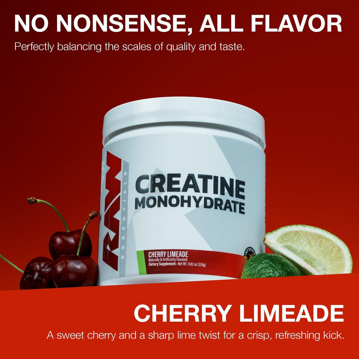 RAW Nutrition Creatine Monohydrate Powder, Cherry Limeade (30 Servings) - Micronized Creatine Monohydrate Supplement for Workout Performance, Build Muscle & Strength - Maple Wellness Supplements