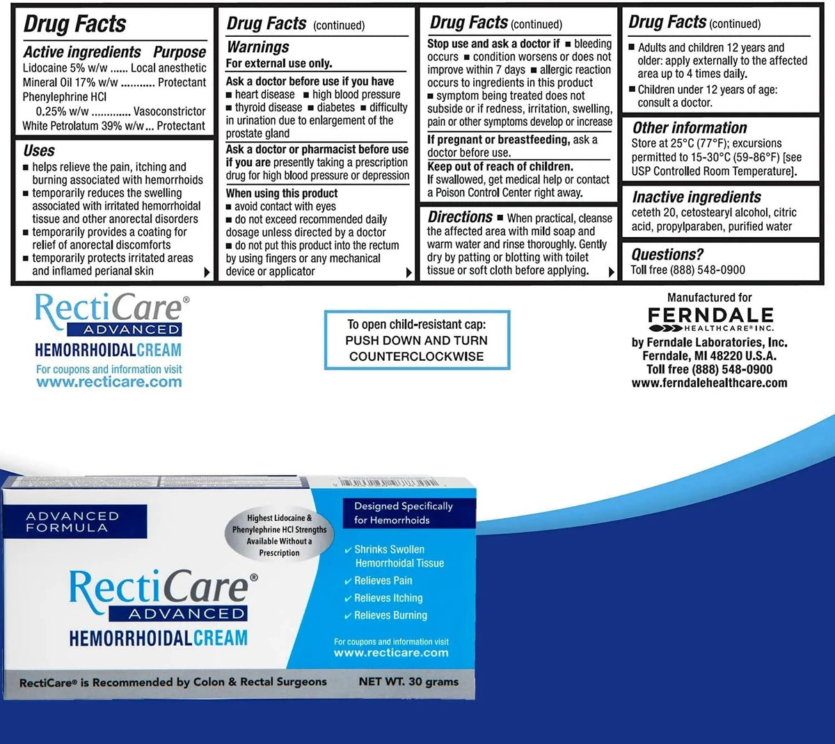 Recticare Advanced Hemorrhoidal Cream: Advanced Treatment to Shrink & Soothe Hemorrhoids - Itch, Pain, Burn Relief - 30g Hemorrhoidal Cream with Lidocaine - Maple Wellness Supplements
