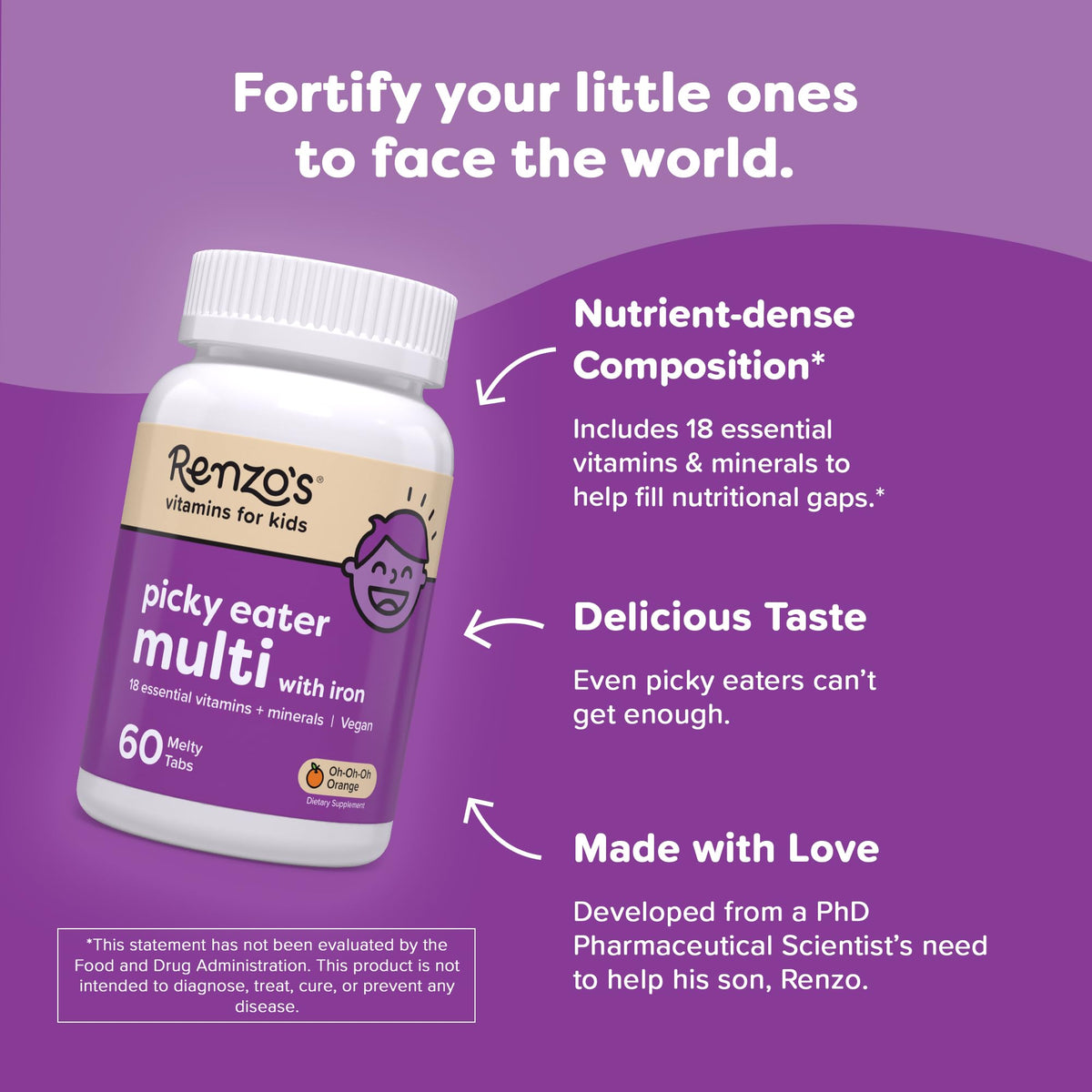 Renzo's Picky Eater Kids Multivitamin with Iron - Dissolvable Kids Vitamins with Iron, Zinc, Vitamin C, Vitamin D, E & K, Sugar-Free Melty Tabs, Orange Flavor - Maple Wellness Supplements
