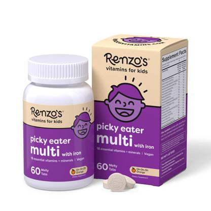 Renzo's Picky Eater Kids Multivitamin with Iron - Dissolvable Kids Vitamins with Iron, Zinc, Vitamin C, Vitamin D, E & K, Sugar-Free Melty Tabs, Orange Flavor - Maple Wellness Supplements