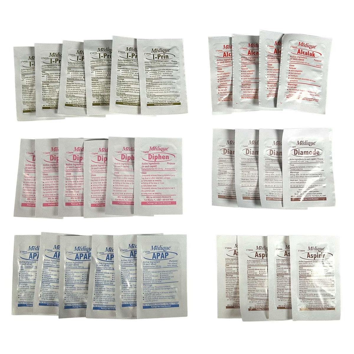 Rescue Essentials Medications Dose Pack–First Aid Refill Kit with Ibuprofen, Acetaminophen, Aspirin, Antihistamine, Anti-Diarrheal & Antacid– Compact Emergency Travel & IFAK Supply-1 Module (30 Doses) - Maple Wellness Supplements