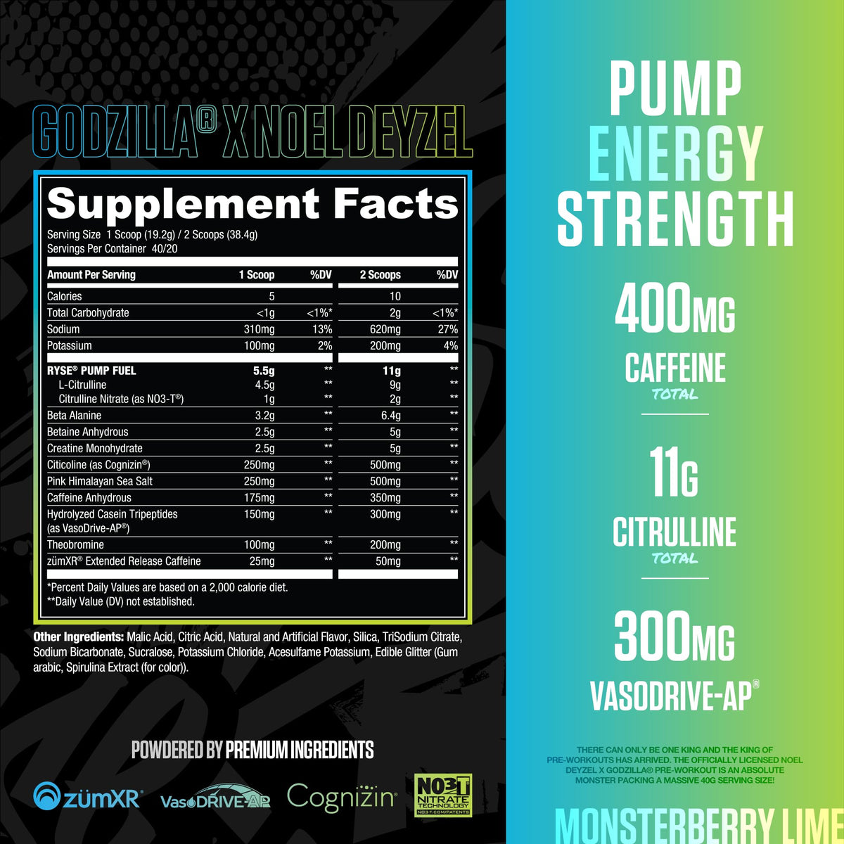 RYSE Godzilla X Noel Deyzel Pre Workout Powder - Monsterberry Lime - 400mg Caffeine, High Stim Pre-Workout for Men & Women with Citrulline & Beta Alanine - Energy, Pump & Focus - 20/40 Servings - Maple Wellness Supplements