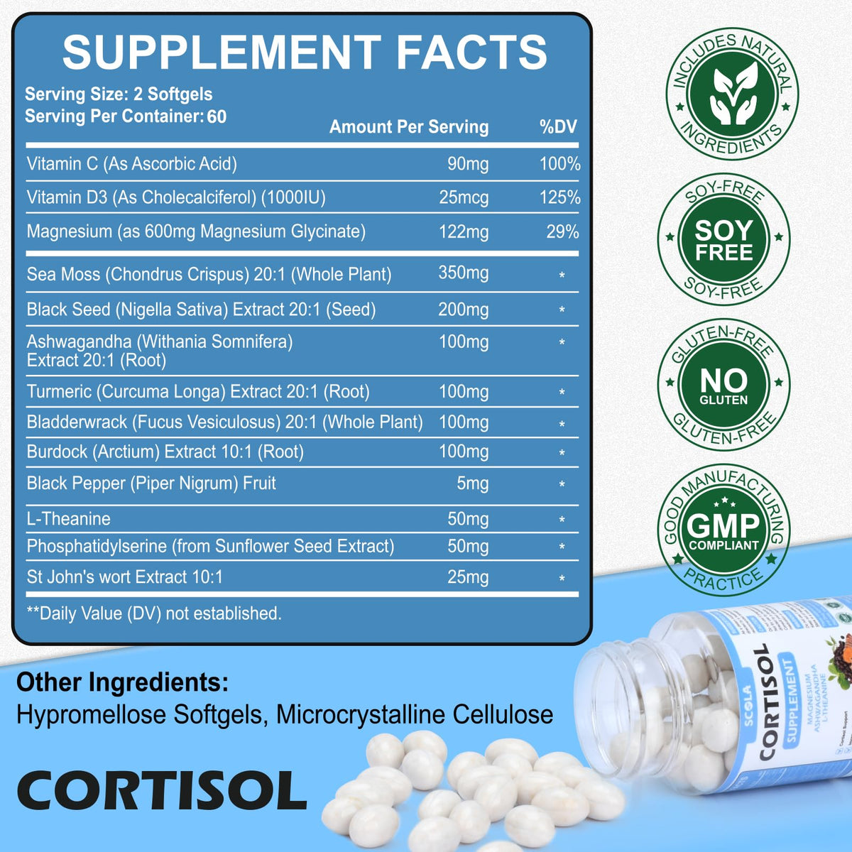 SCOLA Cortisol Supplement for Women and Men with Magnesium, Ashwagandha/L-Theanine, Cortisol Detox Manager, Cortisol Reducer Supports Relaxation & Calm, Mood, Sleep, 120 Count - Maple Wellness Supplements