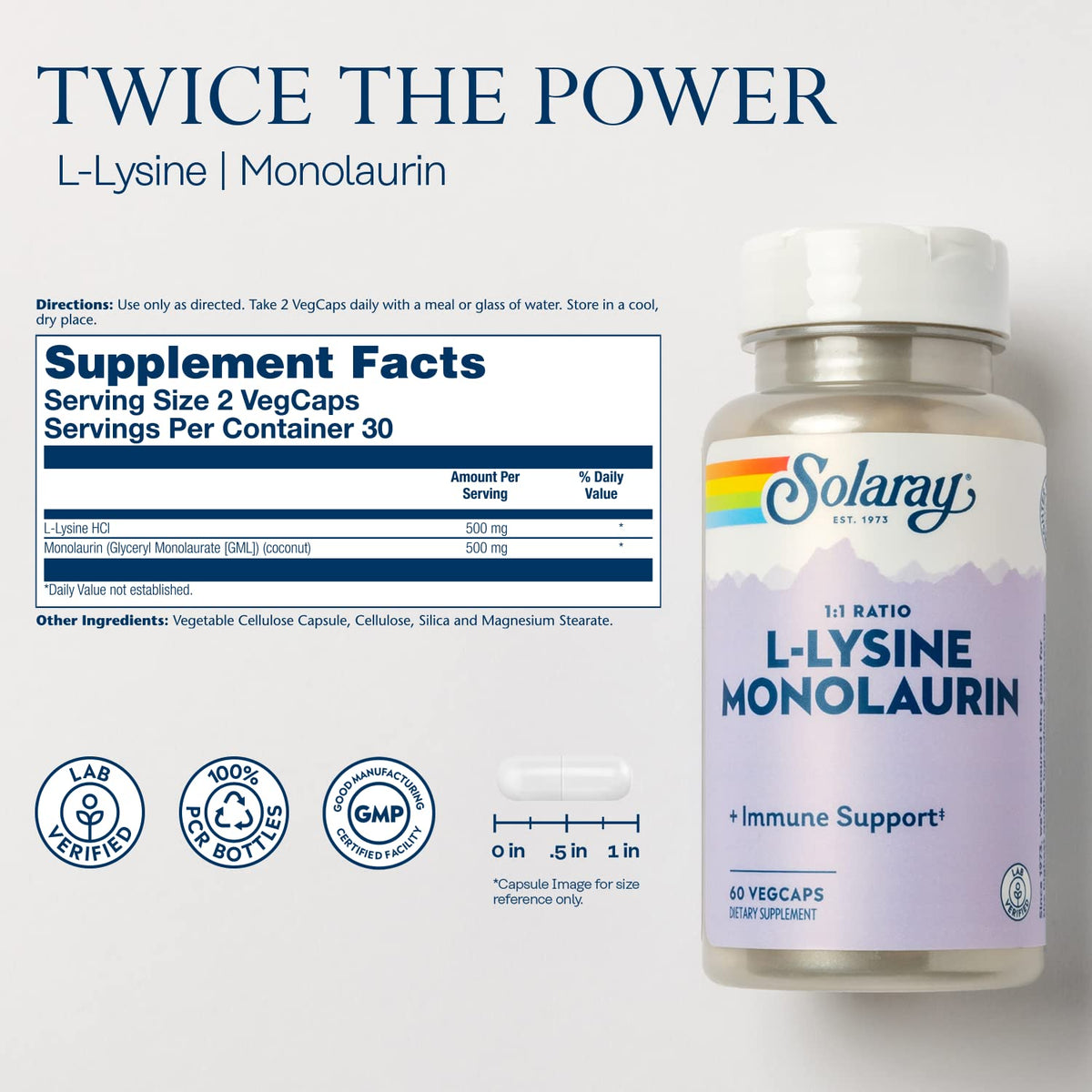 SOLARAY L-Lysine Monolaurin Immune Support Supplement, 1:1 Ratio for Immune System Function, 500 mg Each, 60-Day Money Back Guarantee - Maple Wellness Supplements