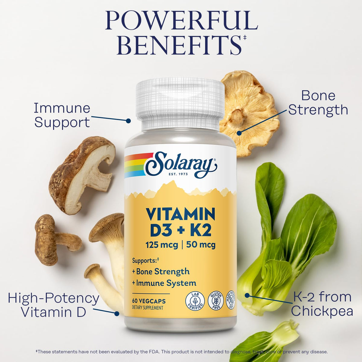 SOLARAY Vitamin D3 K2, K2 D3 Vitamin Supplement for Calcium Absorption, Bone Strength, Cardiovascular & Immune Function Support, Made Without Soy, 60-Day Guarantee, 60 Servings, 60 VegCaps - Maple Wellness Supplements