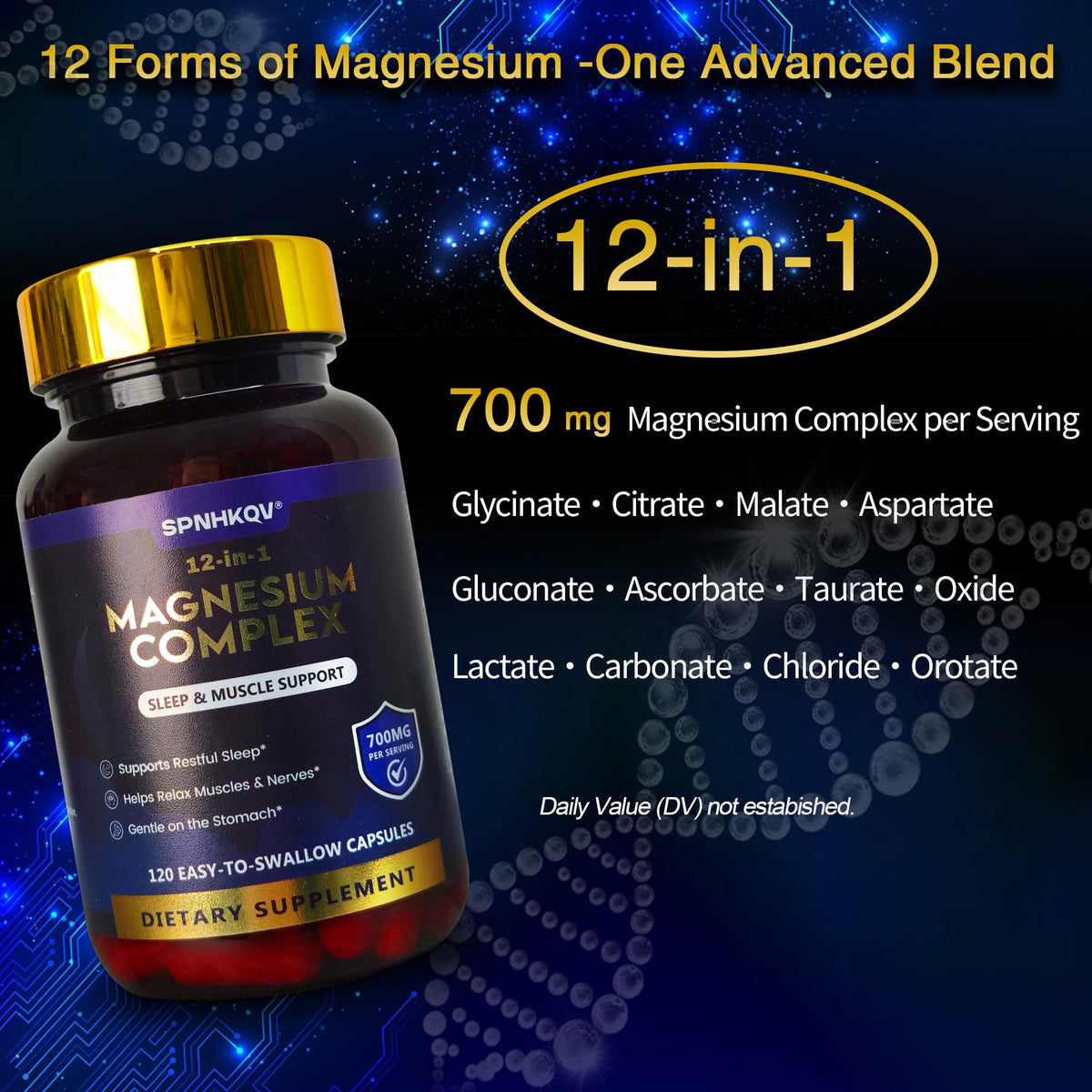 SPNHKQV Magnesium 12-in-1 Complex Supplement – 700mg High Absorption Magnesium Glycinate Capsules for Women & Men – Muscle, Nerve & Sleep Support – 120 Vegan Capsules - Maple Wellness Supplements
