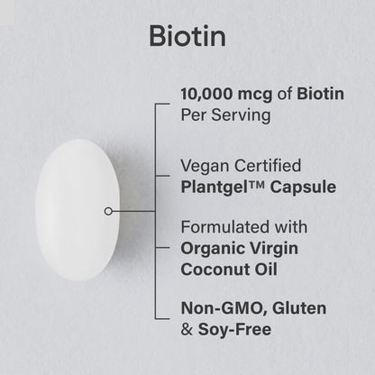 Sports Research® Biotin 10,000mcg with Organic Coconut Oil - Biotin (Vitamin B7) for Healthy Skin and Hair Support* - for Women and Men - Vegan, Non-GMO - Maple Wellness Supplements
