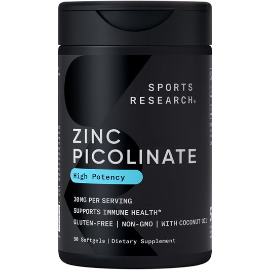 Sports Research High Potency Zinc Picolinate 30mg with Organic Coconut Oil | Highly Absorbable Zinc Supplement for Healthy Immune & Enzyme Function - Maple Wellness Supplements