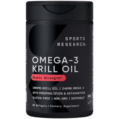 Sports Research Krill Oil Supplement with EPA & DHA Omega 3, Phospholipids & Astaxanthin from Antarctic Krill - Highest Concentration of Krill Oil for Men & Women - 1000mg, 60 Softgel Capsules - Maple Wellness Supplements