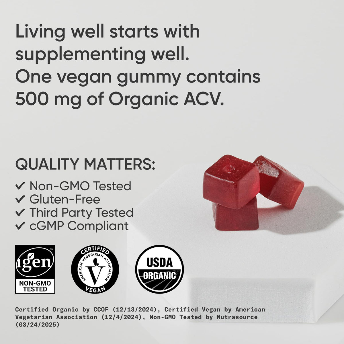 Sports Research Organic Apple Cider Vinegar Gummies - for Diet Cleanses & Digestion | 500mg | Non-GMO Tested, Certified Vegan, Gluten Free ACV - 60 Gummies for Adults, 1 Month Supply - Maple Wellness Supplements