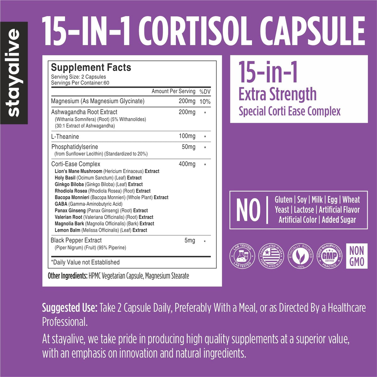 STAY ALIVE Cortisol Manager Supplement 15-in-1 Complex w/L-Theanine, Ashwagandha, Magnesium Glycinate, Phosphatidylserine and More, 120 Veg Capsules, Non-GMO & Gluten-Free Formula for Women and Men - Maple Wellness Supplements