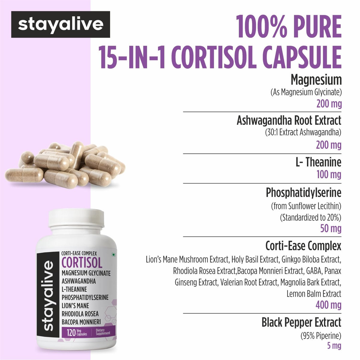 STAY ALIVE Cortisol Manager Supplement 15-in-1 Complex w/L-Theanine, Ashwagandha, Magnesium Glycinate, Phosphatidylserine and More, 120 Veg Capsules, Non-GMO & Gluten-Free Formula for Women and Men - Maple Wellness Supplements