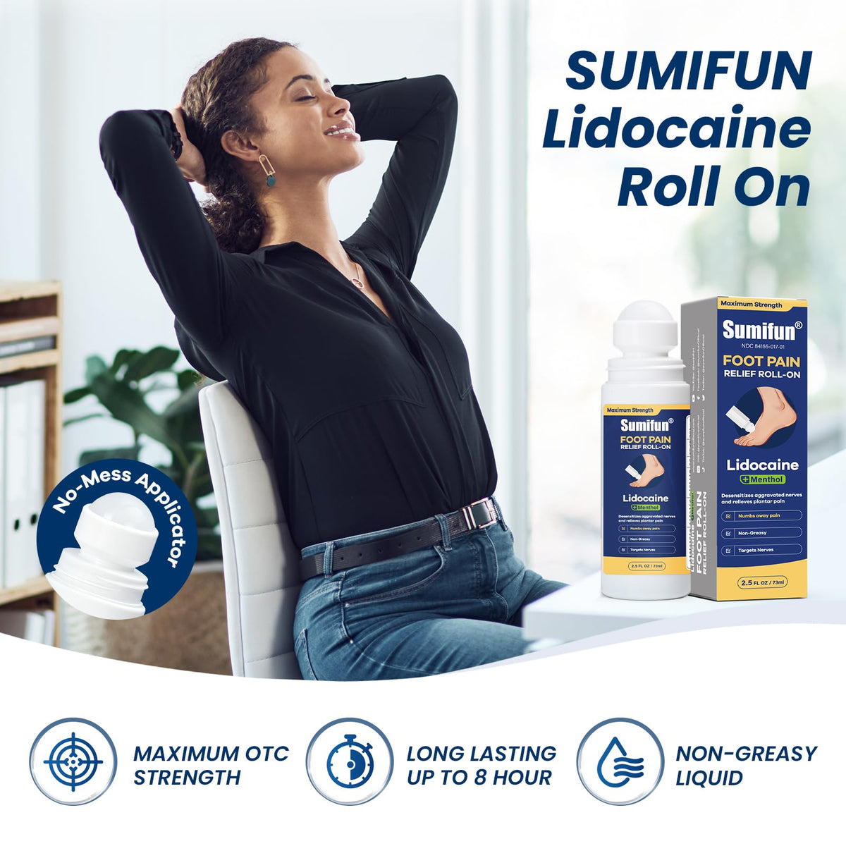 Sumifun Foot Pain Relief Lidocaine Roll-On - Maximum Strength OTC for Plantar Fasciitis & Heel Pain - Fast-Drying, Non-Greasy Formula, 2.5 Fl Oz - Maple Wellness Supplements