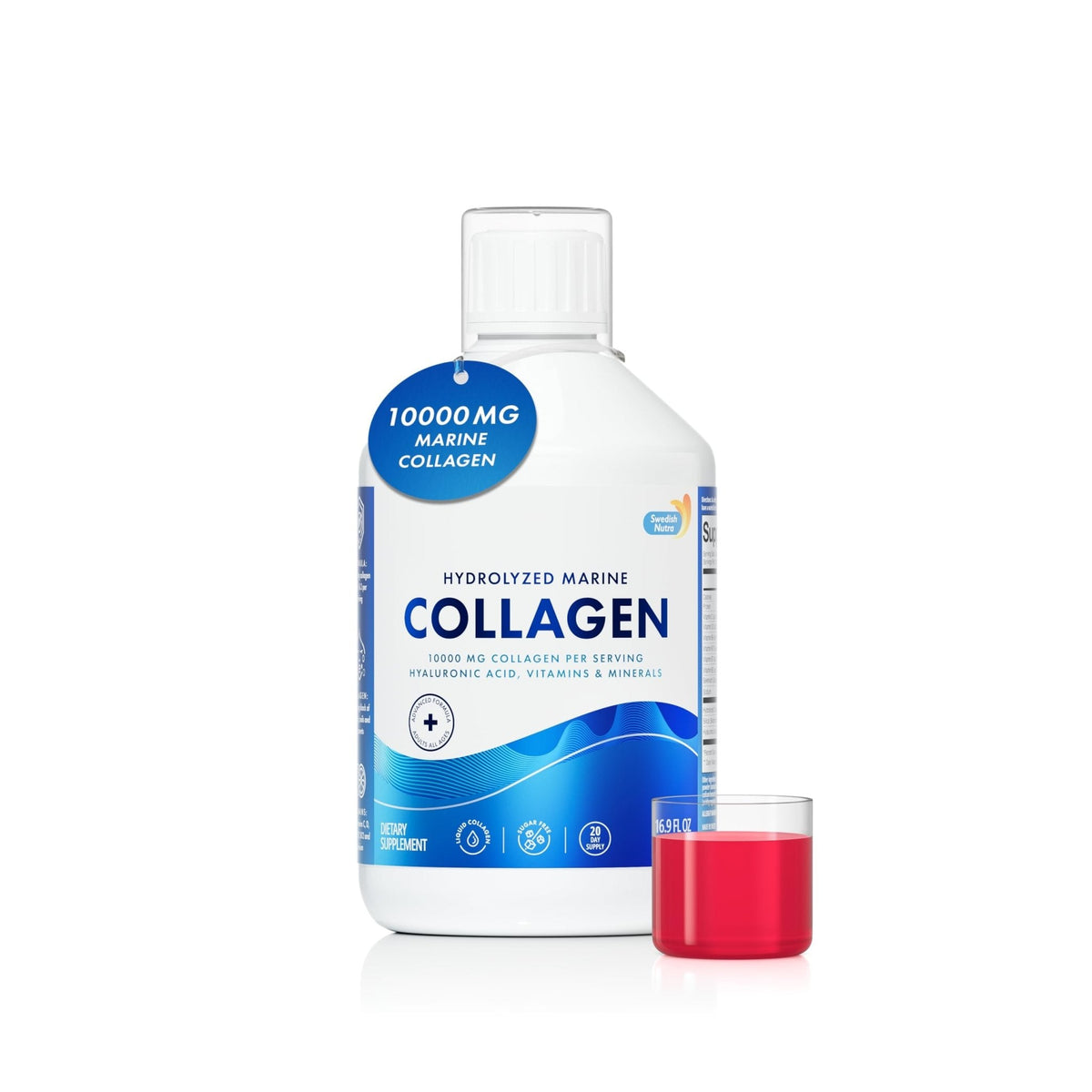 Swedish Nutra 10,000 mg Hydrolyzed Marine Collagen Liquid Supplement - 500 ml, 20 Day Supply | Hyaluronic Acid, Biotin & Vitamin C for Healthy Hair, Skin, Nails & Joints | For Men & Women | Sugar-Free - Maple Wellness Supplements