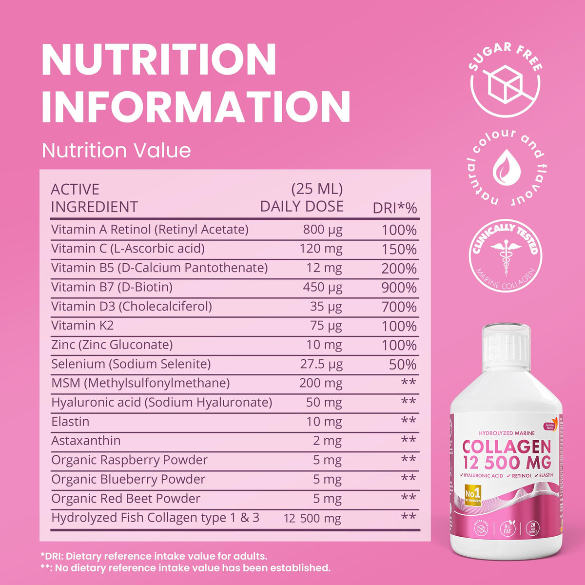 Swedish Nutra 12,500mg Liquid Marine Collagen Hydrolyzed Peptide (Type 1 & 3) | 20 Day Supply, 500 ml | Hyaluronic Acid, Biotin & Vitamins for Hair, Skin, Nails & Joints | For Men & Women | Sugar Free - Maple Wellness Supplements