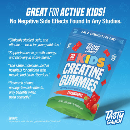 TASTY GAINS Kids & Teen Creatine Gummies with Vitamin B12 for Growth Support, Easy Chew Daily Supplement, Gummy Vitamins for Kids and Teens, Ages 5+ - Maple Wellness Supplements