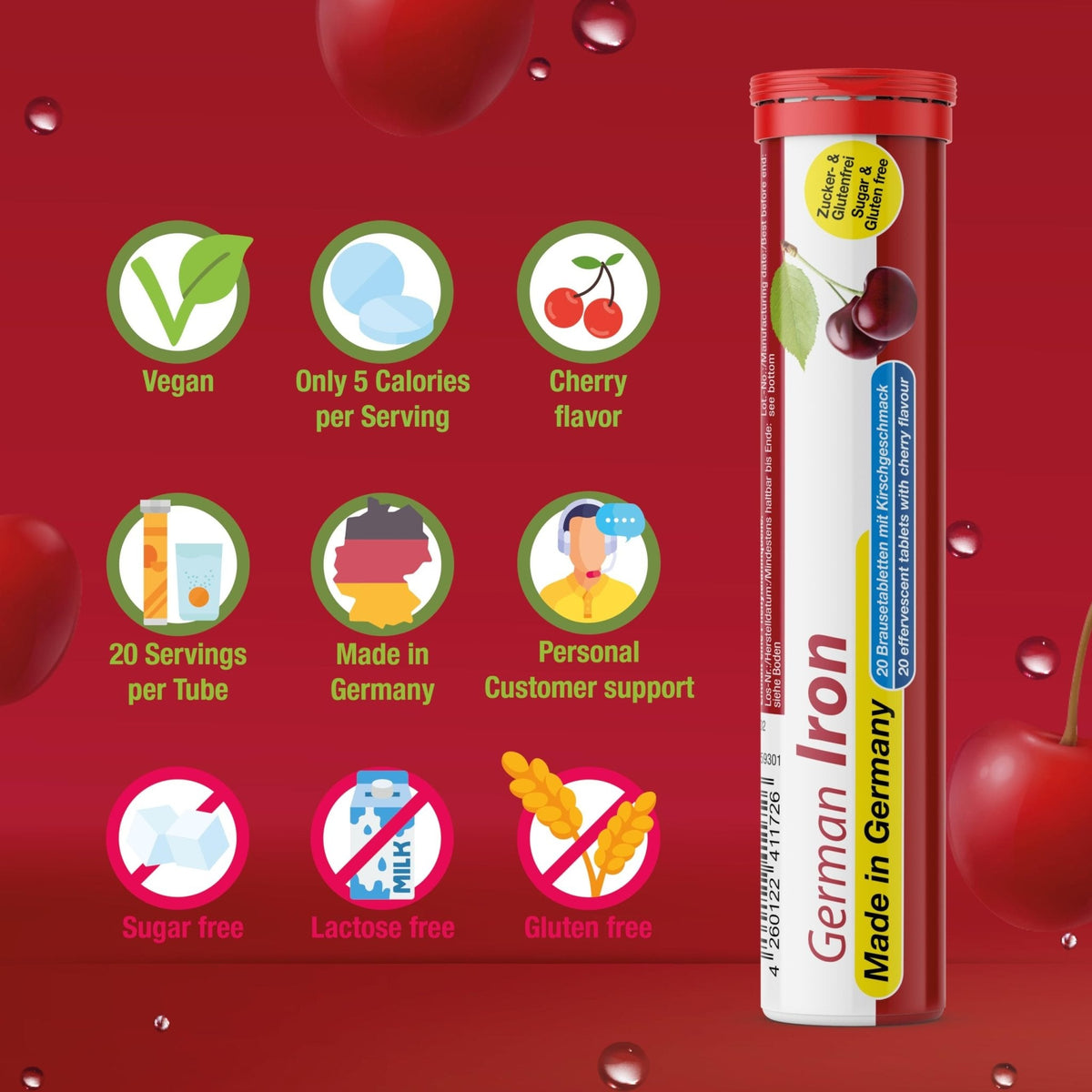 T&D German Iron 14 mg - 40 Vegan Drink Effervescent Tablets - Cherry Flavor - Made in Germany - Maple Wellness Supplements