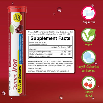 T&D German Iron 14 mg - 60 Vegan Drink Effervescent Tablets - Cherry Flavor - Made in Germany - Maple Wellness Supplements