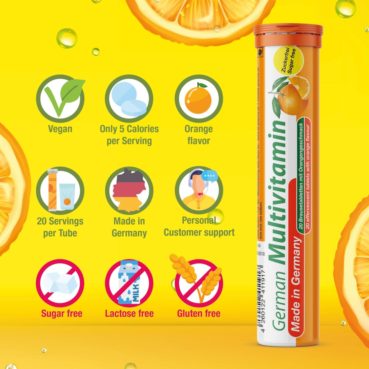 T&D German Multvitamin 10 Vitamins - 100 Vegan Drink Effervescent Tablets - Orange Flavor - Made in Germany - Maple Wellness Supplements