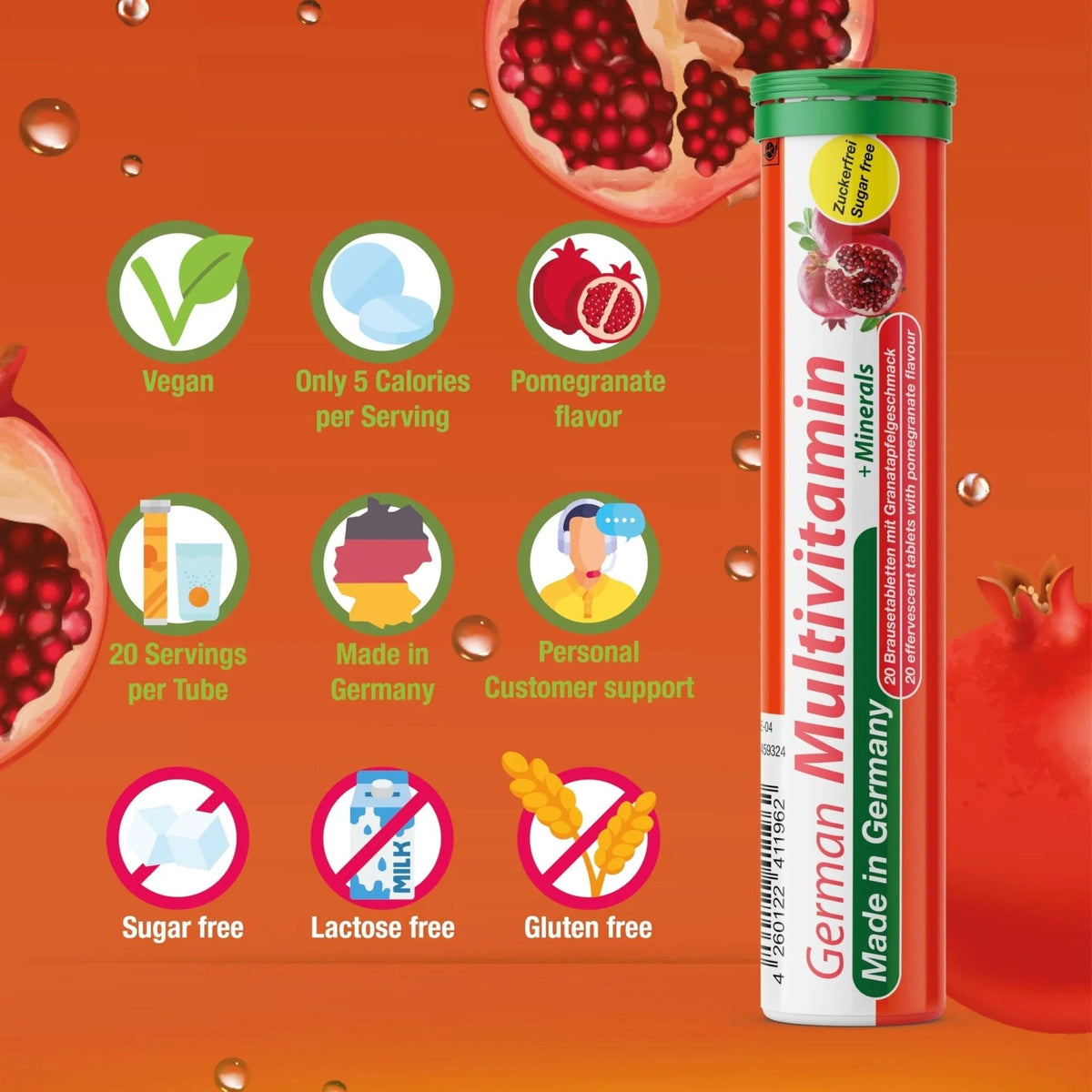 T&D German Multvitamin + Minerals 10 Vitamins 2 Minerals - 100 Vegan Drink Effervescent Tablets - Pomegranate Flavor - Maple Wellness Supplements
