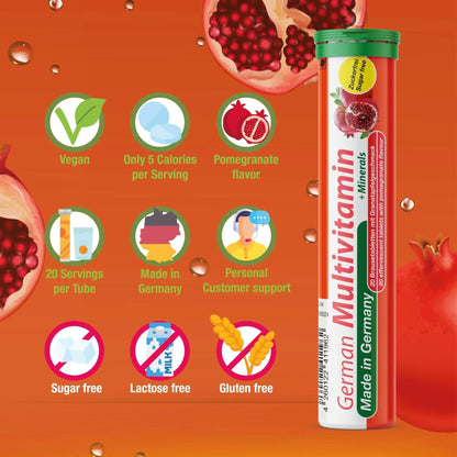 T&D German Multvitamin + Minerals 10 Vitamins 2 Minerals - 100 Vegan Drink Effervescent Tablets - Pomegranate Flavor - Maple Wellness Supplements