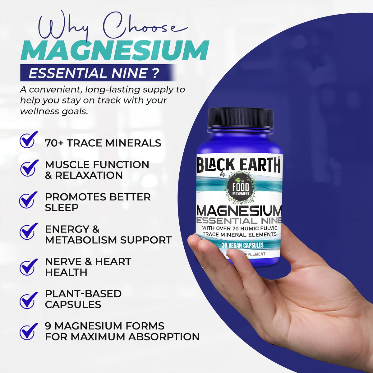 The Food Movement Co. Black Earth Magnesium Essential Nine - Vegan Capsules with Magnesium Glycinate, Citrate, Malate and More - 9 Bioactive Forms for Optimal Health (30 Count) - Maple Wellness Supplements