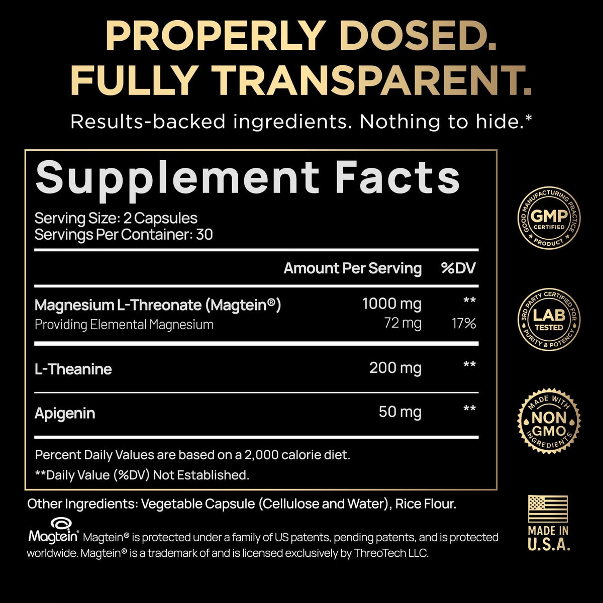 Triple Sleep Magnesium L-Threonate w. Apigenin, Theanine & Magtein Magnesium L Threonate - High Absorption Magnesium Supplement Capsules for Men and Women Magnesium Powder Pills - Maple Wellness Supplements