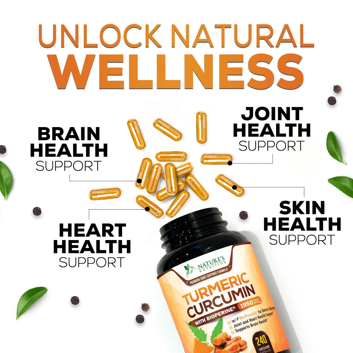 Turmeric Curcumin Supplement - 95% Curcuminoids with Organic Turmeric & BioPerine Black Pepper for Best Absorption - Daily Joint & Immune Health Support - Maple Wellness Supplements