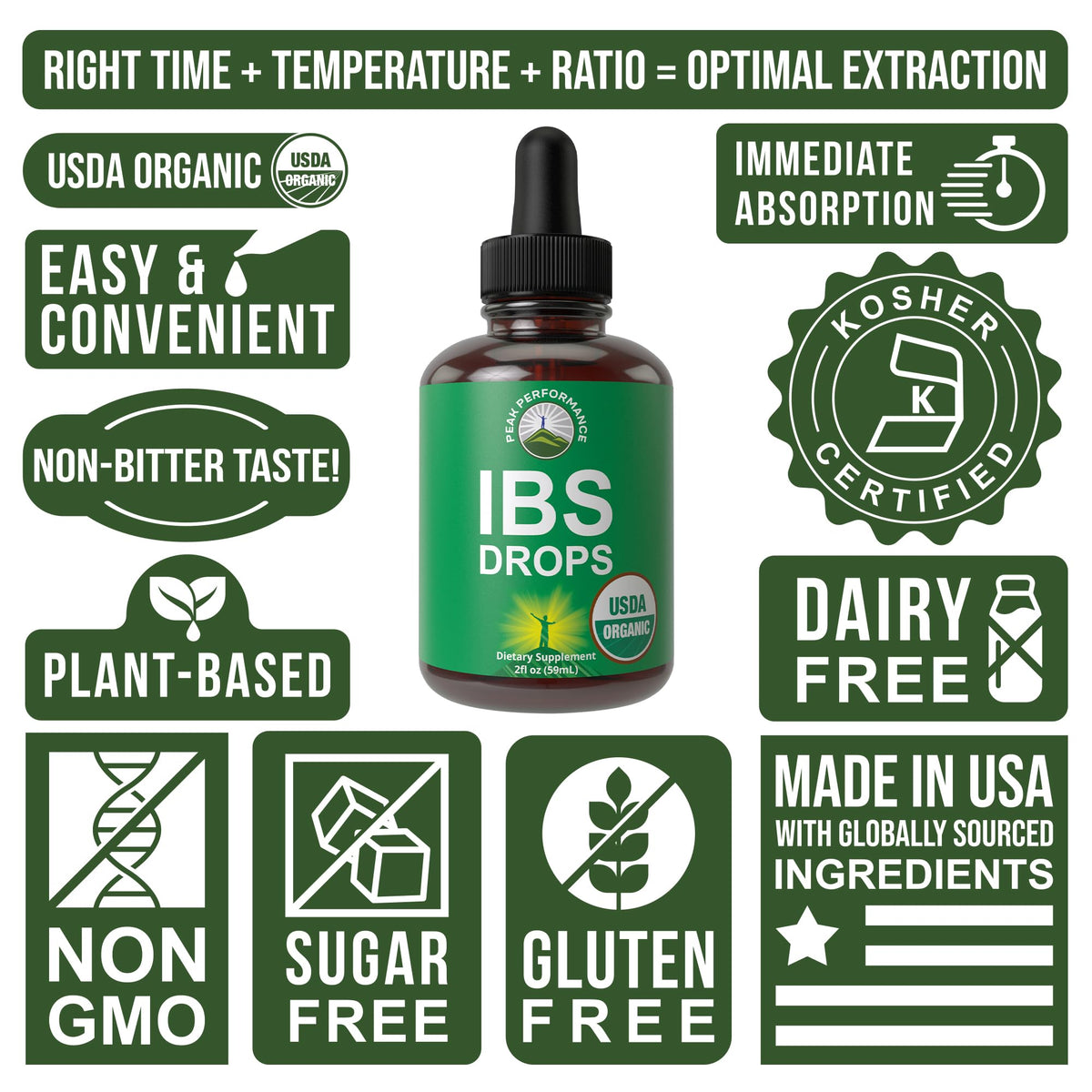 USDA Organic IBS Relief 5-in-1 Liquid Drops. for Ingestion, Bloating, Gas. Irritable Bowel Supplement with 5 Organic Ingredients. Peppermint Oil, Fennel Seed, Chamomile Flower, Rosemary, Holy Basil - Maple Wellness Supplements