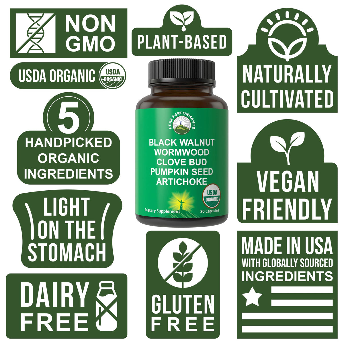 USDA Organic Wormwood Black Walnut Clove Cleanse for Humans. Elimination Detox + Intestinal Support Capsules Supplement for Adults and Kids. Pills with Artichoke and Pumpkin Seed for Added Benefits - Maple Wellness Supplements