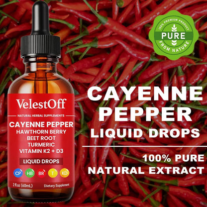 VelestOff Cayenne Pepper Drops - VelestOff Cayenne Circulation Blood Pressure Blend - Cayenne Pepper Hawthorn Beet Root Turmeric Vitamin K2 D3-2 OZ (2 PCS) - Maple Wellness Supplements