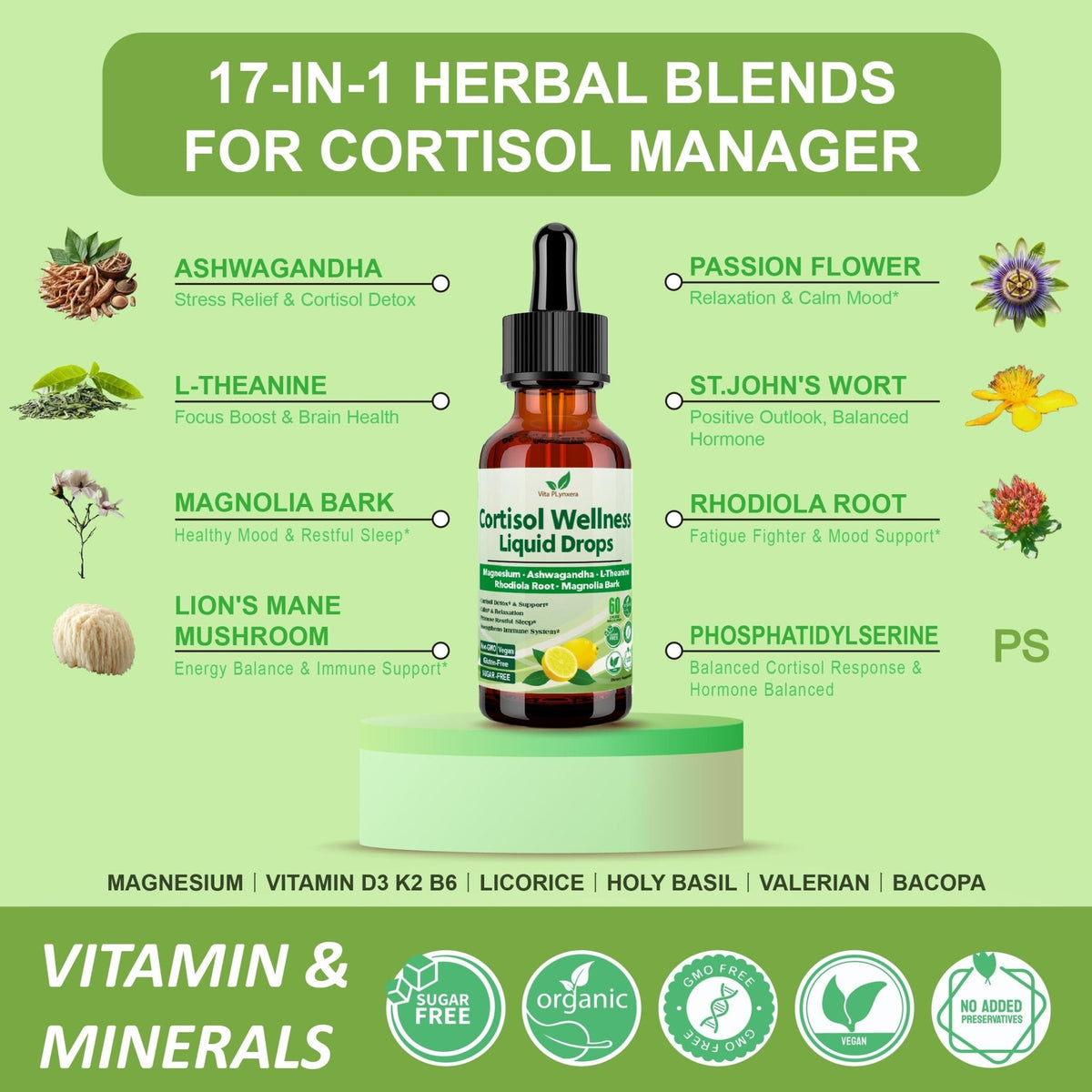 Vita PLynxera Cortisol Supplement Liquid Drops, 17-in-1 Cortisol Detox w. Magnesium Glycinate 400mg Ashwagandha, L-Theanine, Phosphatidylserine, Hormone Balanced - Maple Wellness Supplements